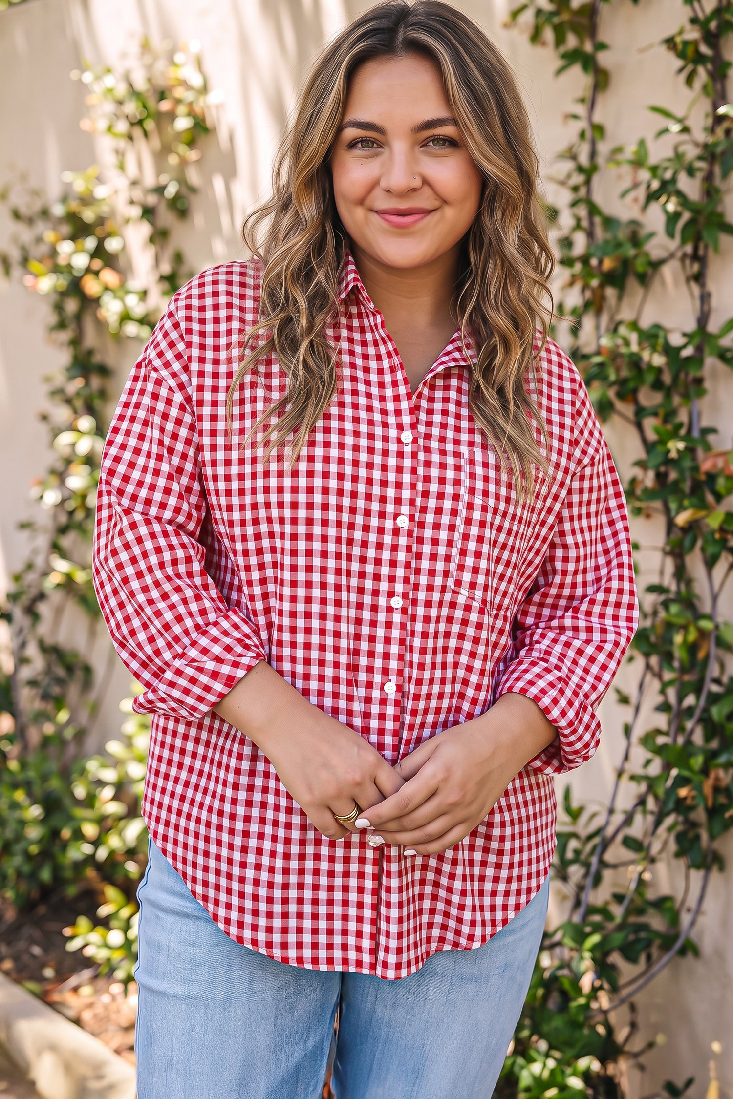 Red Plaid V Neck Long Sleeve Tunic Loose Fit Plus Size Shirt-Plus Size/Plus Size Tops/Plus Size Blouses & Shirts-[Adult]-[Female]-2022 Online Blue Zone Planet