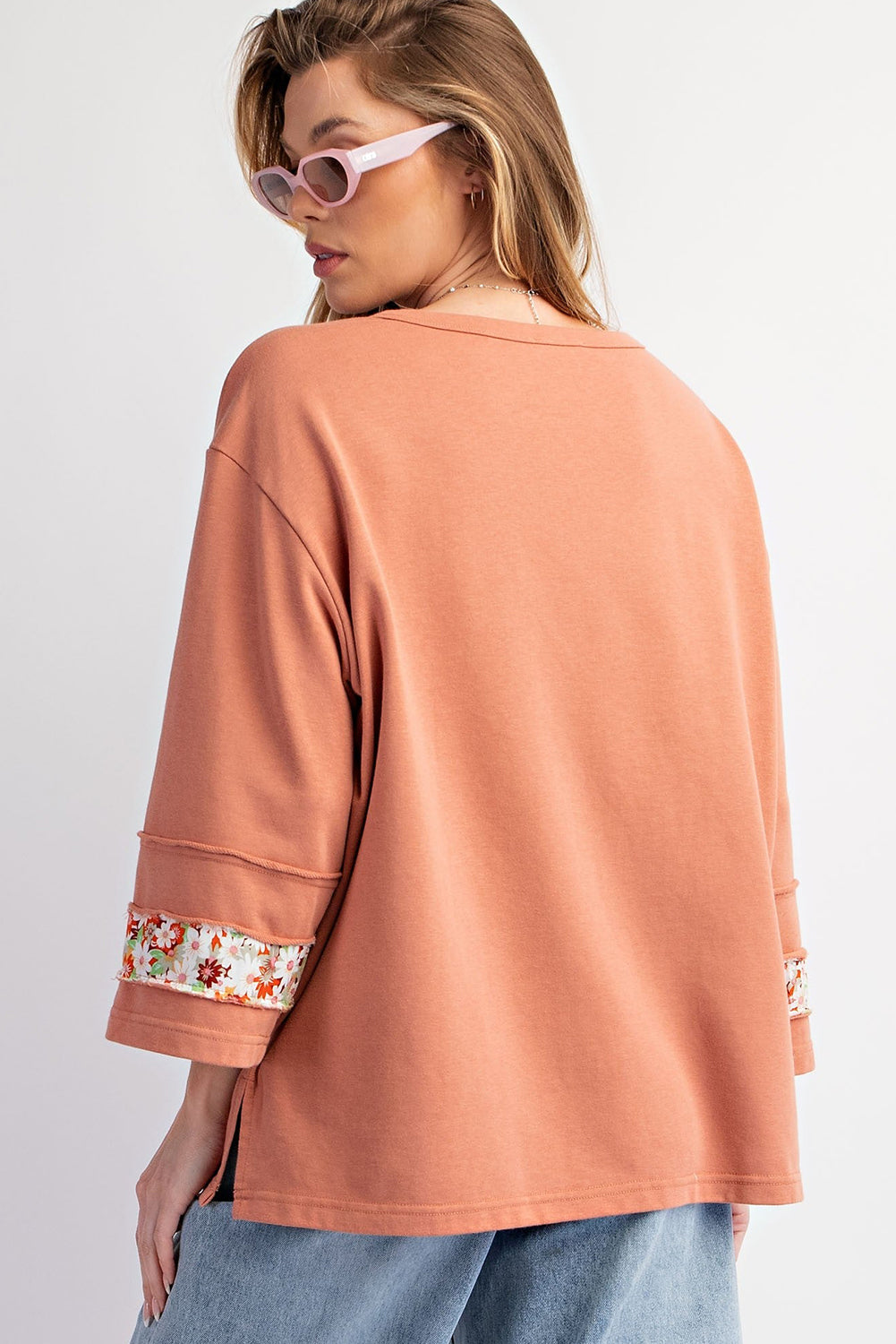 Grapefruit Orange Flower Patch Graphic Exposed Seam Wide Sleeve Top-Graphic/Graphic Long Sleeve Tees-[Adult]-[Female]-2022 Online Blue Zone Planet