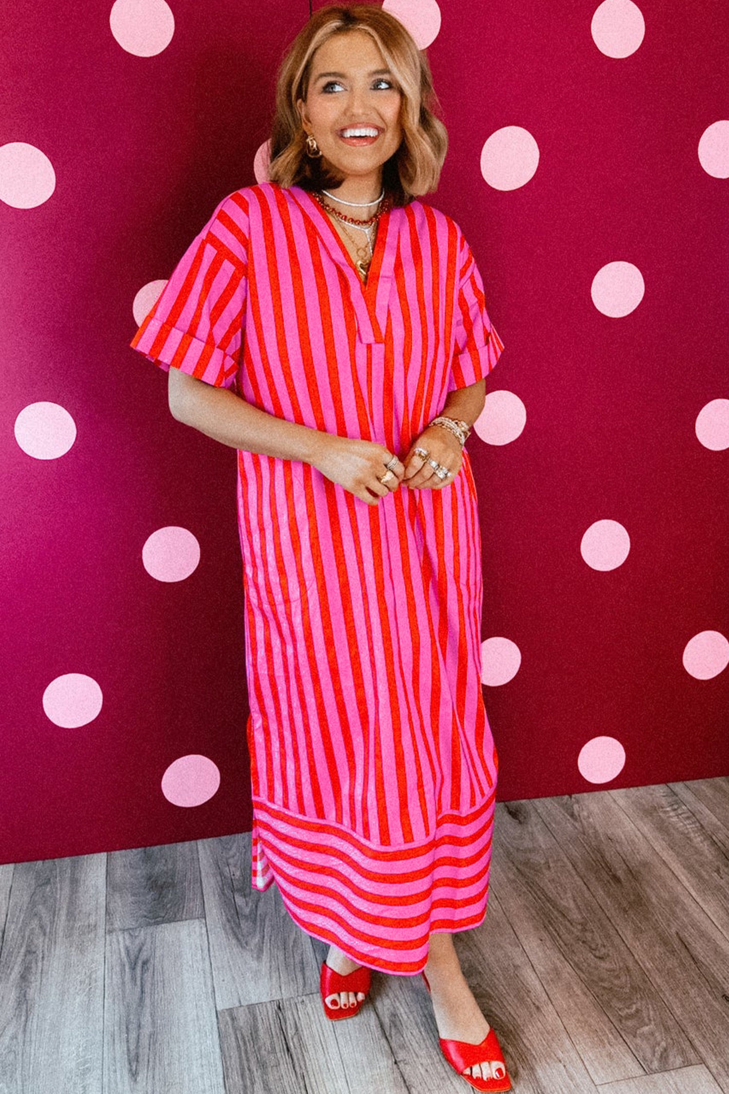 Red Stripe V Neck Cuffed Sleeve Relaxed Split Midi Dress-Dresses/Midi Dresses-[Adult]-[Female]-2022 Online Blue Zone Planet