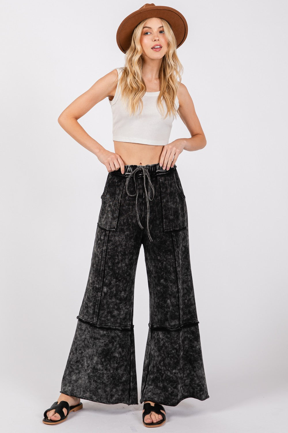 Blue Zone Planet | SAGE + FIG Mineral Washed Terry Wide Leg Pants-TOPS / DRESSES-[Adult]-[Female]-Ash-S-2022 Online Blue Zone Planet