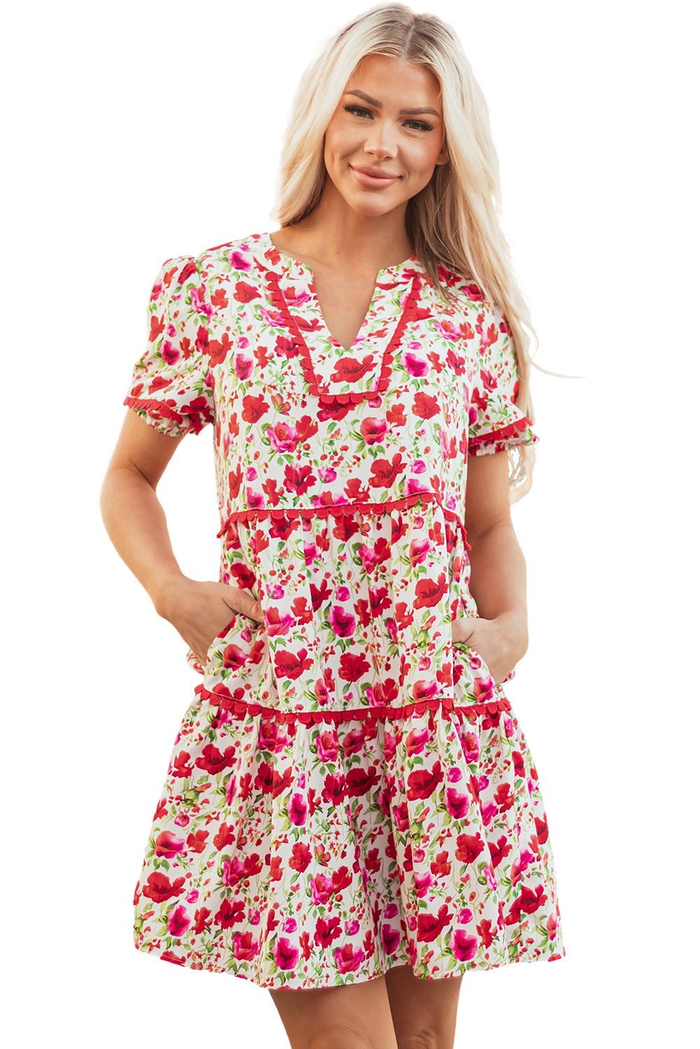 Red Floral Puff Sleeve Tiered Ric Rac Pocketed Mini Dress-TOPS / DRESSES-[Adult]-[Female]-2022 Online Blue Zone Planet