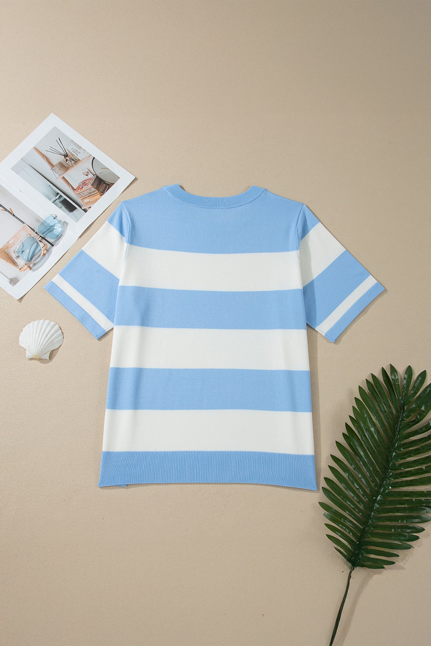 Sky Blue Stripe Colorblock Plus Size Short Sleeve Sweater-Plus Size/Plus Size Sweaters & Cardigans-[Adult]-[Female]-2022 Online Blue Zone Planet