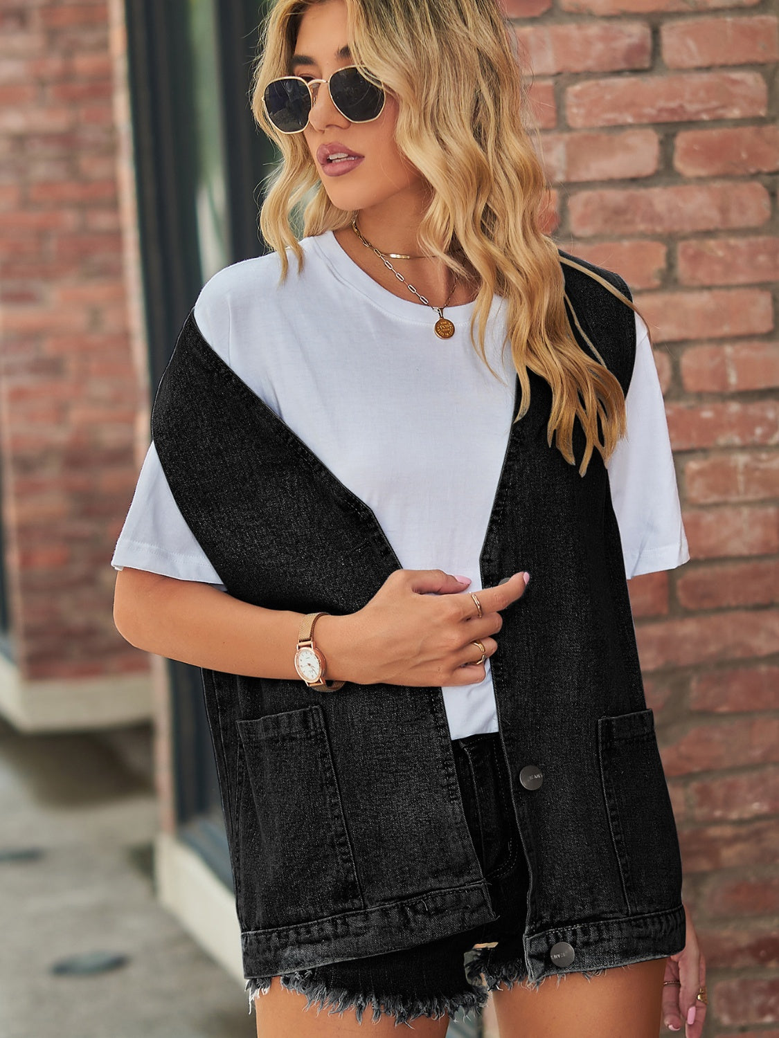 Full Size V-Neck Button Up Denim Vest-TOPS / DRESSES-[Adult]-[Female]-2022 Online Blue Zone Planet