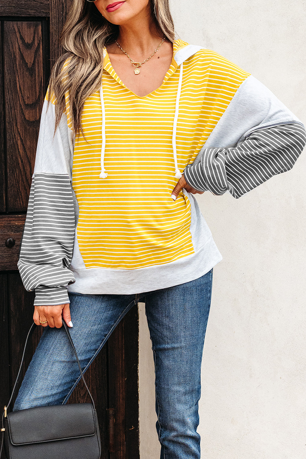 Yellow Stripe Color Block Drawstring V Neck Loose Fit Hooded Top-Tops/Sweatshirts & Hoodies-[Adult]-[Female]-2022 Online Blue Zone Planet