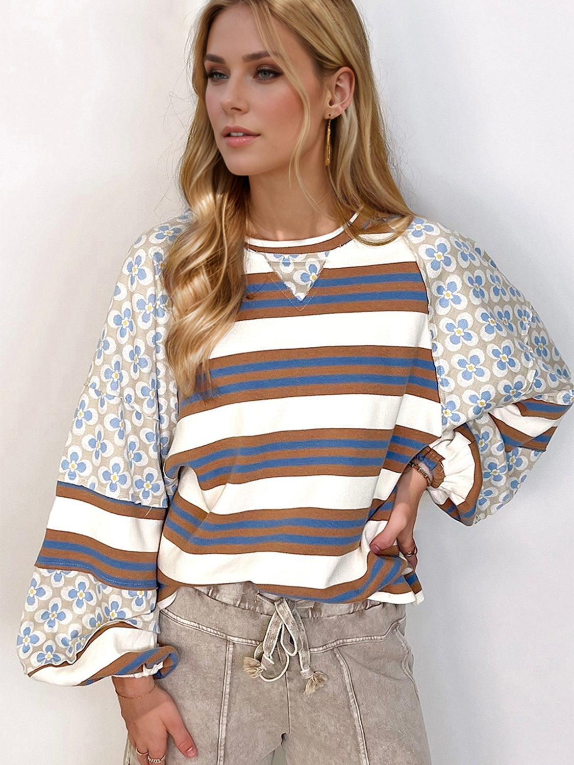 Flower & Striped Print Round Neck Sweatshirt-TOPS / DRESSES-[Adult]-[Female]-2022 Online Blue Zone Planet