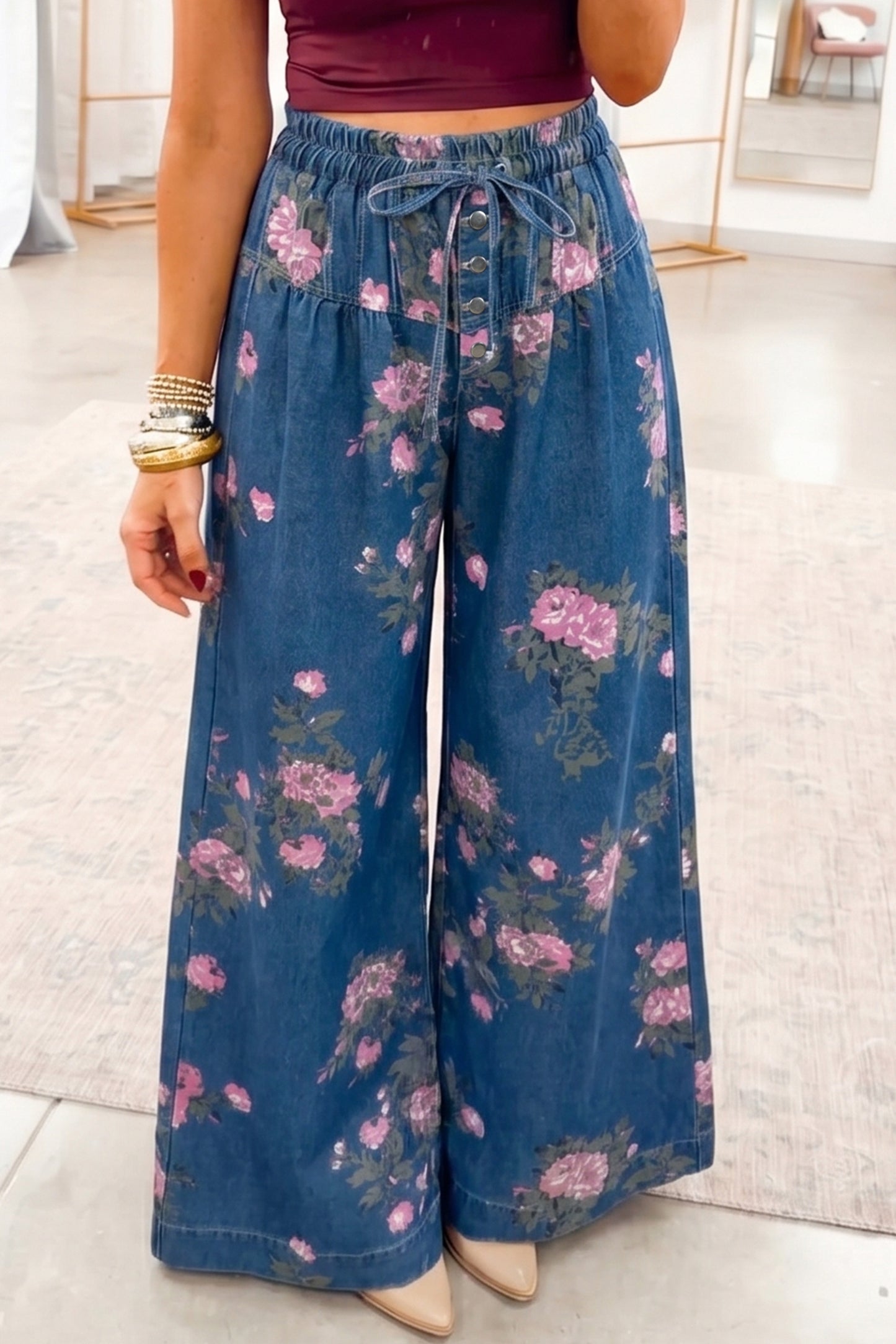 Blue Retro Floral Print Tie Elastic Waist Button Pintuck Wide Leg Jeans-Bottoms/Jeans-[Adult]-[Female]-Blue-4-2022 Online Blue Zone Planet