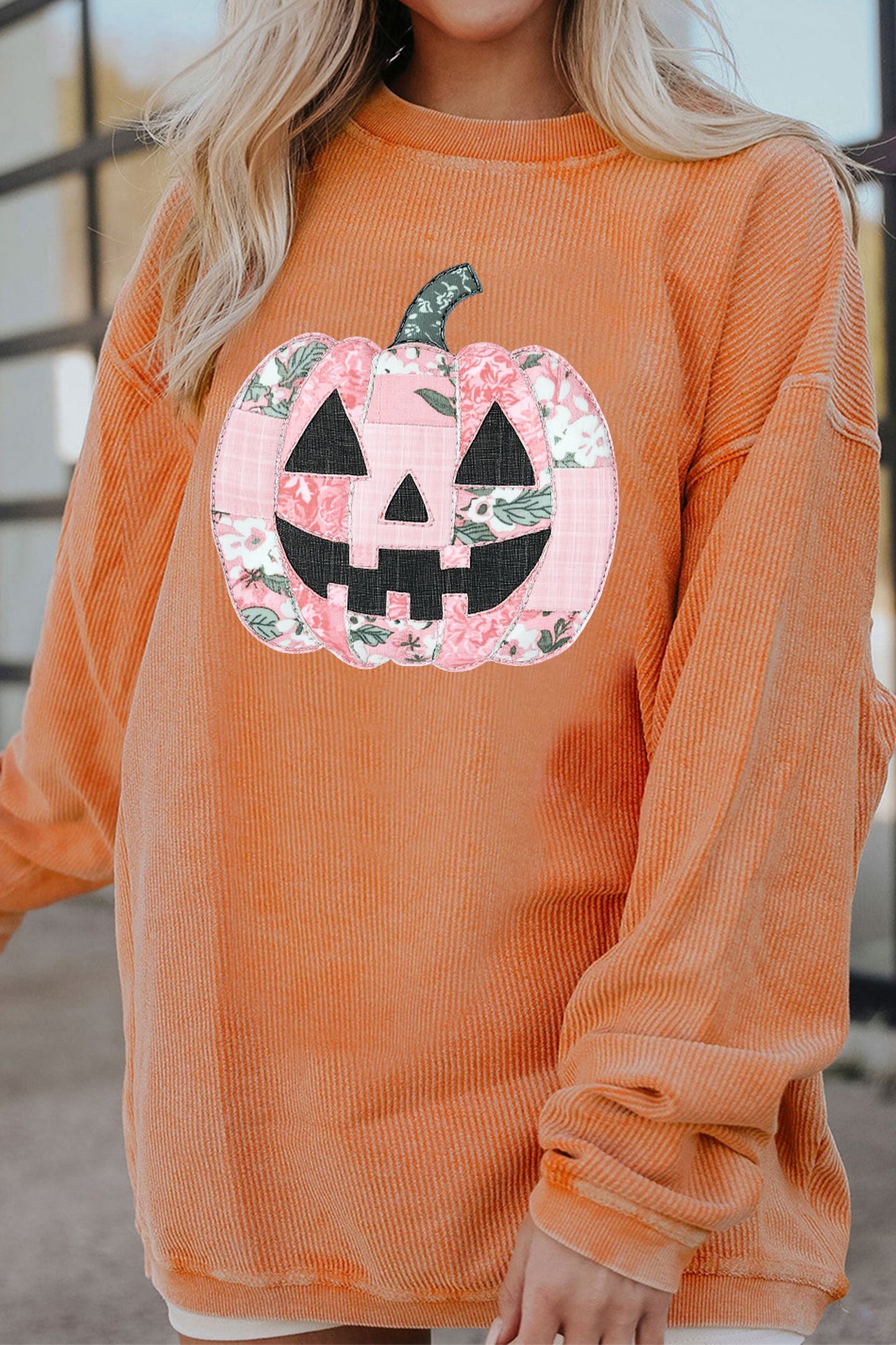 Orange Patchwork Pumpkin Graphic Corded Ribbed Round Neck Tunic Sweatshirt-Graphic/Graphic Sweatshirts-[Adult]-[Female]-2022 Online Blue Zone Planet