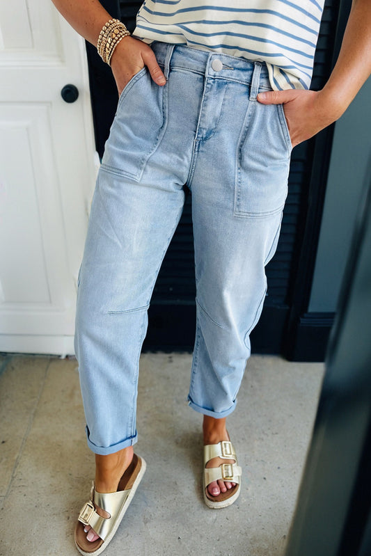 Beau Blue High Rise Barrel Relaxed Patch Pocket Jeans-Bottoms/Jeans-[Adult]-[Female]-2022 Online Blue Zone Planet