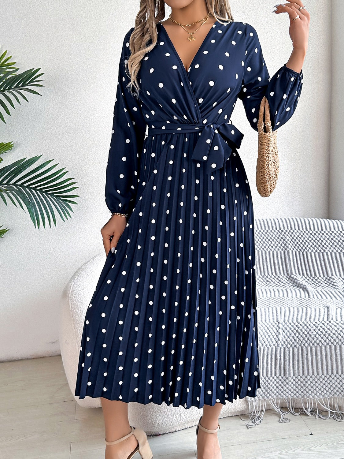 Blue Zone Planet | Tied Polka Dot Long Sleeve Midi Dress-TOPS / DRESSES-[Adult]-[Female]-Navy-S-2022 Online Blue Zone Planet