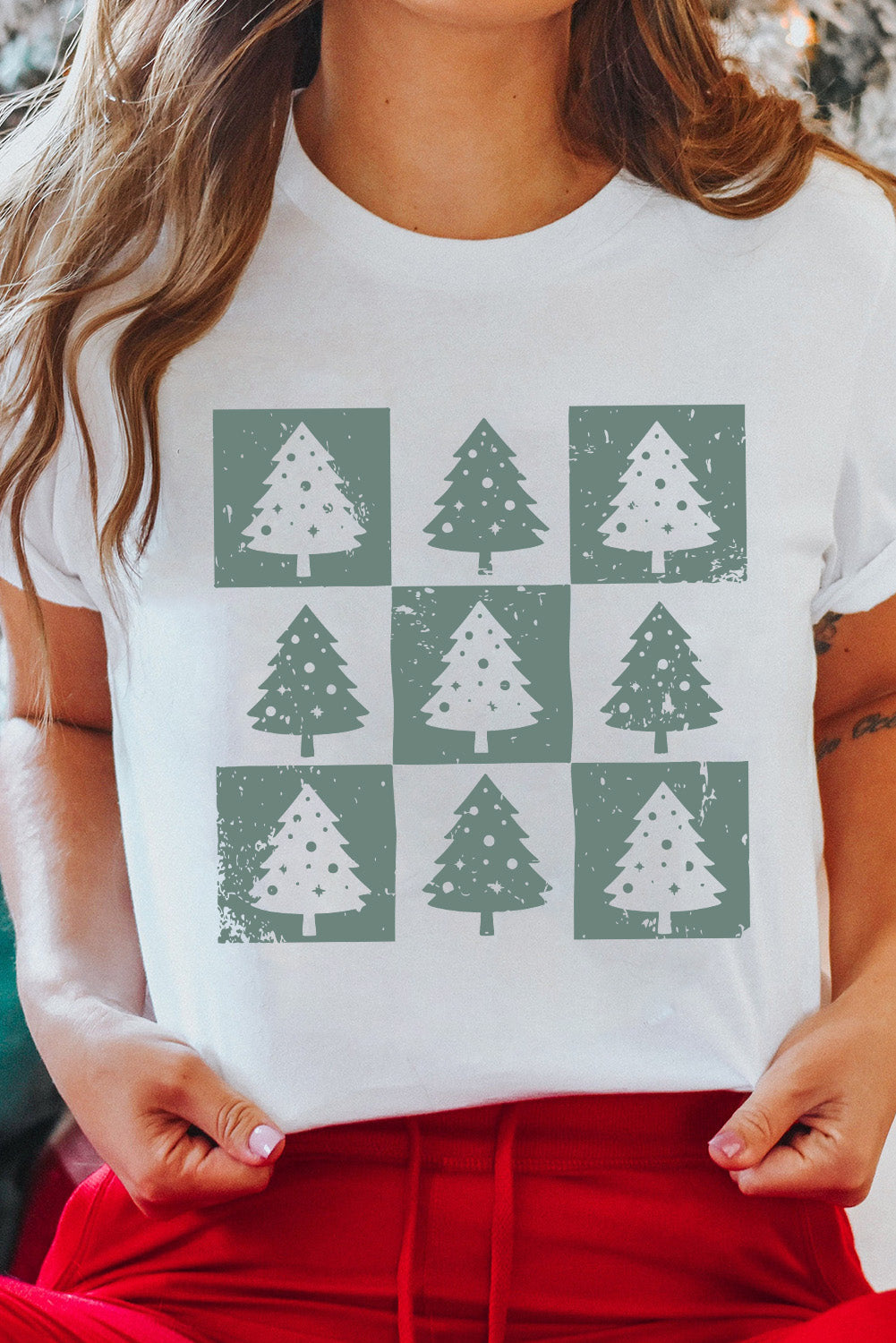 White Christmas Tree Checkered Distressed Graphic Oversize Tee-Graphic/Graphic Tees-[Adult]-[Female]-2022 Online Blue Zone Planet