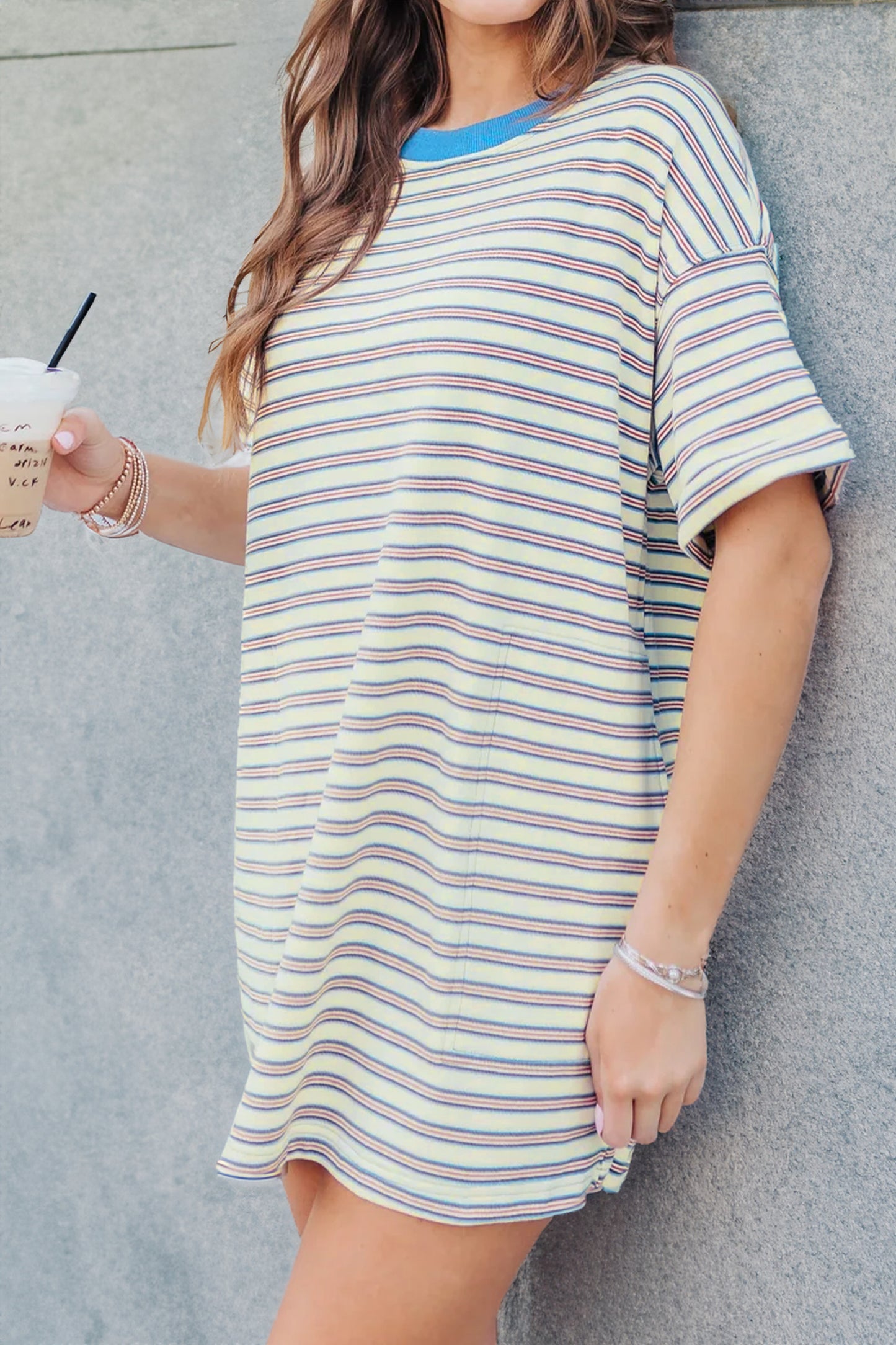 White Stripe Drop Shoulder Cuffed Sleeve Loose Tunic T Shirt Mini Dress-Dresses/T Shirt Dresses-[Adult]-[Female]-White Stripe-S-2022 Online Blue Zone Planet