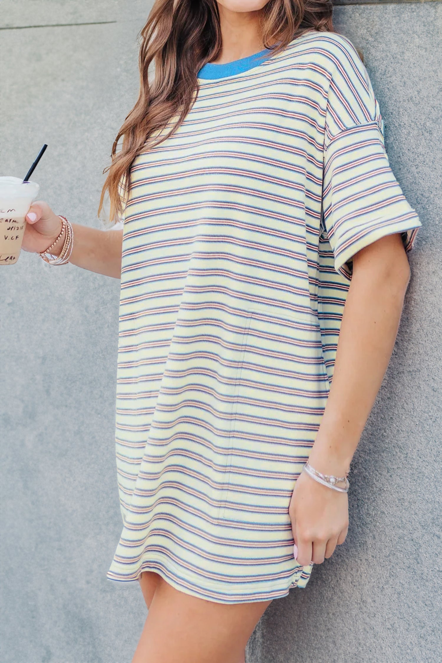 White Stripe Drop Shoulder Cuffed Sleeve Loose Tunic T Shirt Mini Dress-Dresses/T Shirt Dresses-[Adult]-[Female]-White Stripe-S-2022 Online Blue Zone Planet