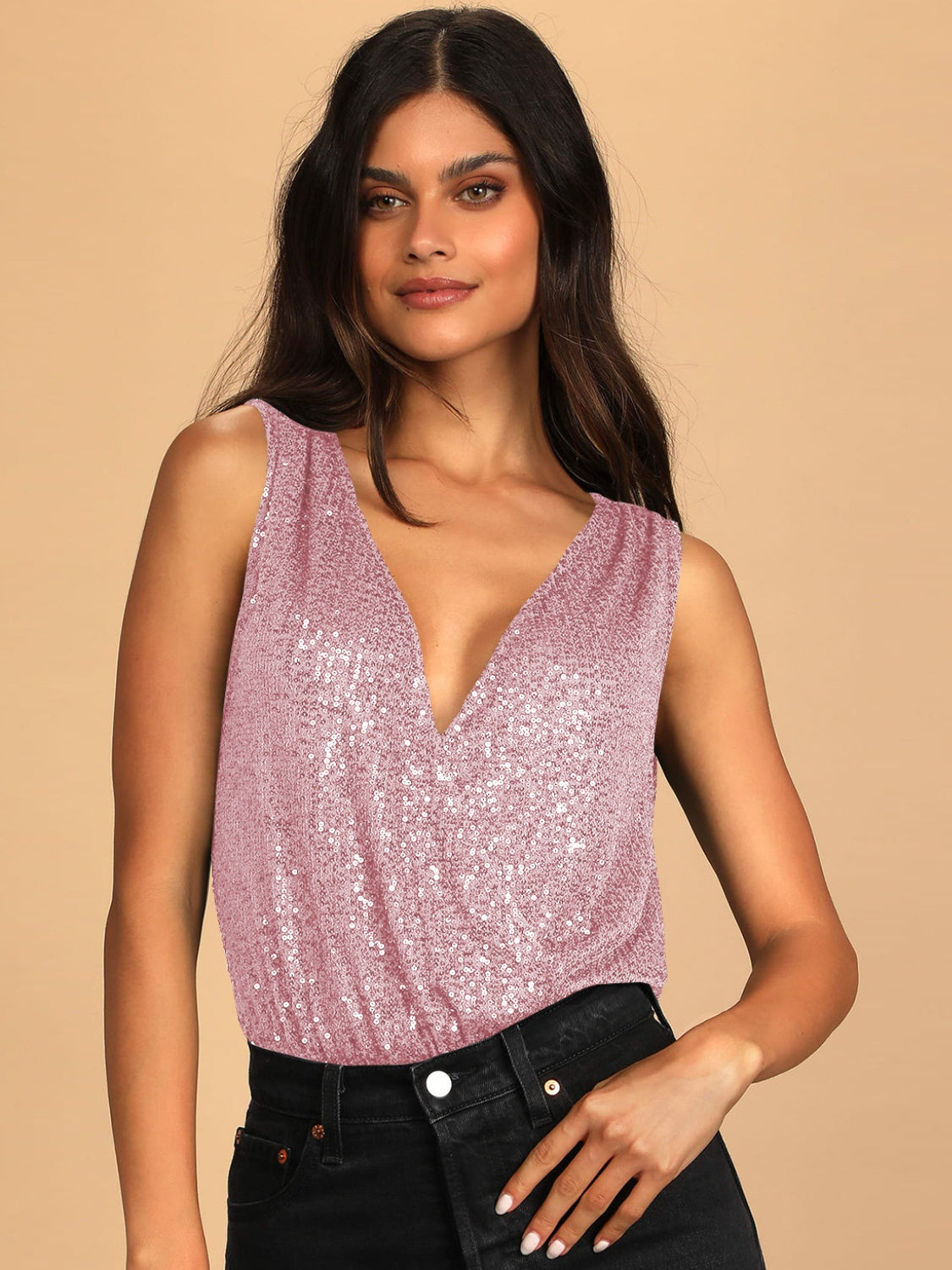 Sequin Surplice Sleeveless Bodysuit-TOPS / DRESSES-[Adult]-[Female]-Pink-S-2022 Online Blue Zone Planet