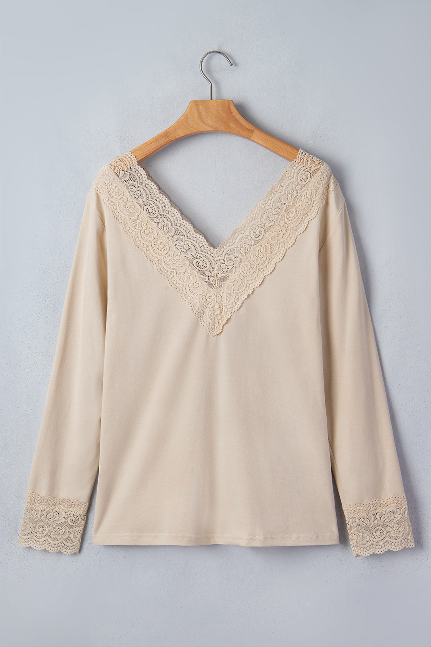 Apricot Lace Splicing V Neck Long Sleeve Top-Tops/Long Sleeve Tops-[Adult]-[Female]-2022 Online Blue Zone Planet