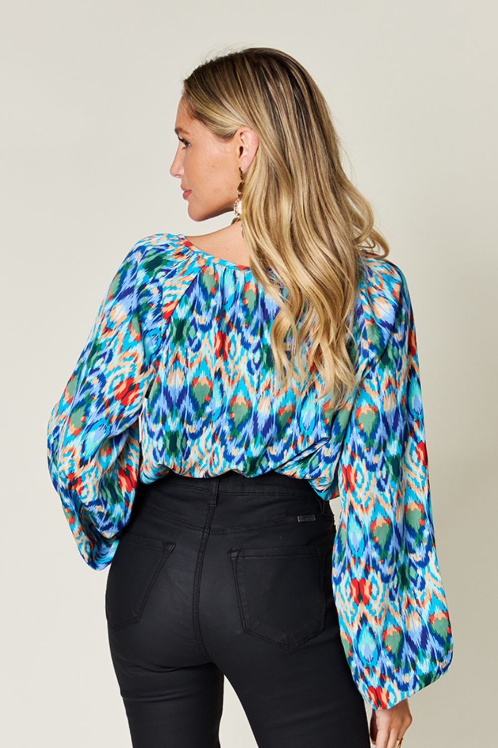 Blue Zone Planet | Double Take Full Size Printed Balloon Sleeve Blouse-TOPS / DRESSES-[Adult]-[Female]-2022 Online Blue Zone Planet