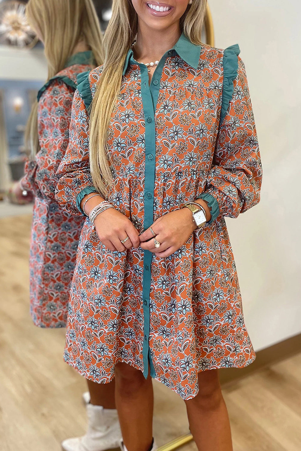 Orange Boho Floral Contrast Collared Shirt Mini Dress-Dresses/Floral Dresses-[Adult]-[Female]-Orange-S-2022 Online Blue Zone Planet