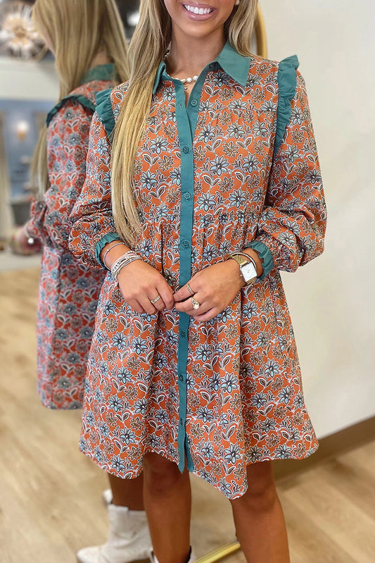 Orange Boho Floral Contrast Collared Shirt Mini Dress-Dresses/Floral Dresses-[Adult]-[Female]-Orange-S-2022 Online Blue Zone Planet