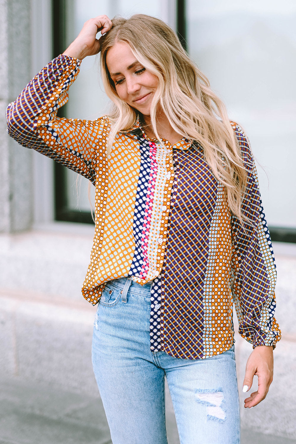 Brown Dot Print Long Sleeve Button Down Shift Shirt-Sale (50% OFF)/30% OFF-[Adult]-[Female]-2022 Online Blue Zone Planet
