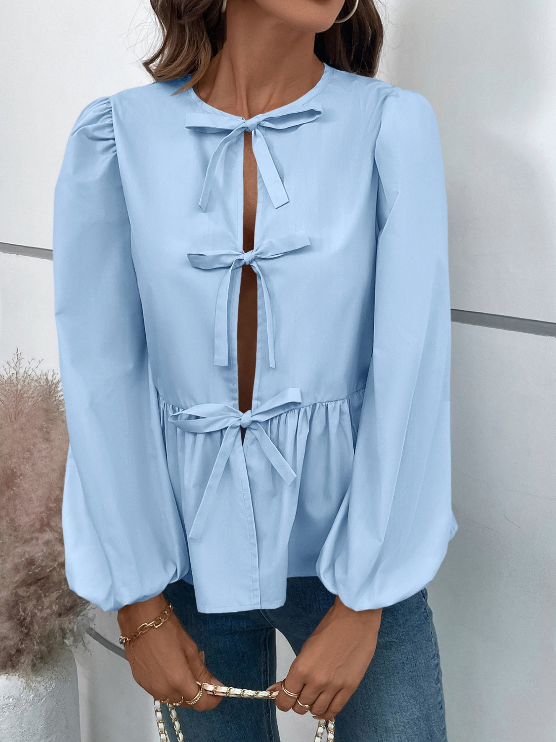 Blue Zone Planet | Ivy Lane Peplum Tied Long Sleeve Blouse-TOPS / DRESSES-[Adult]-[Female]-2022 Online Blue Zone Planet