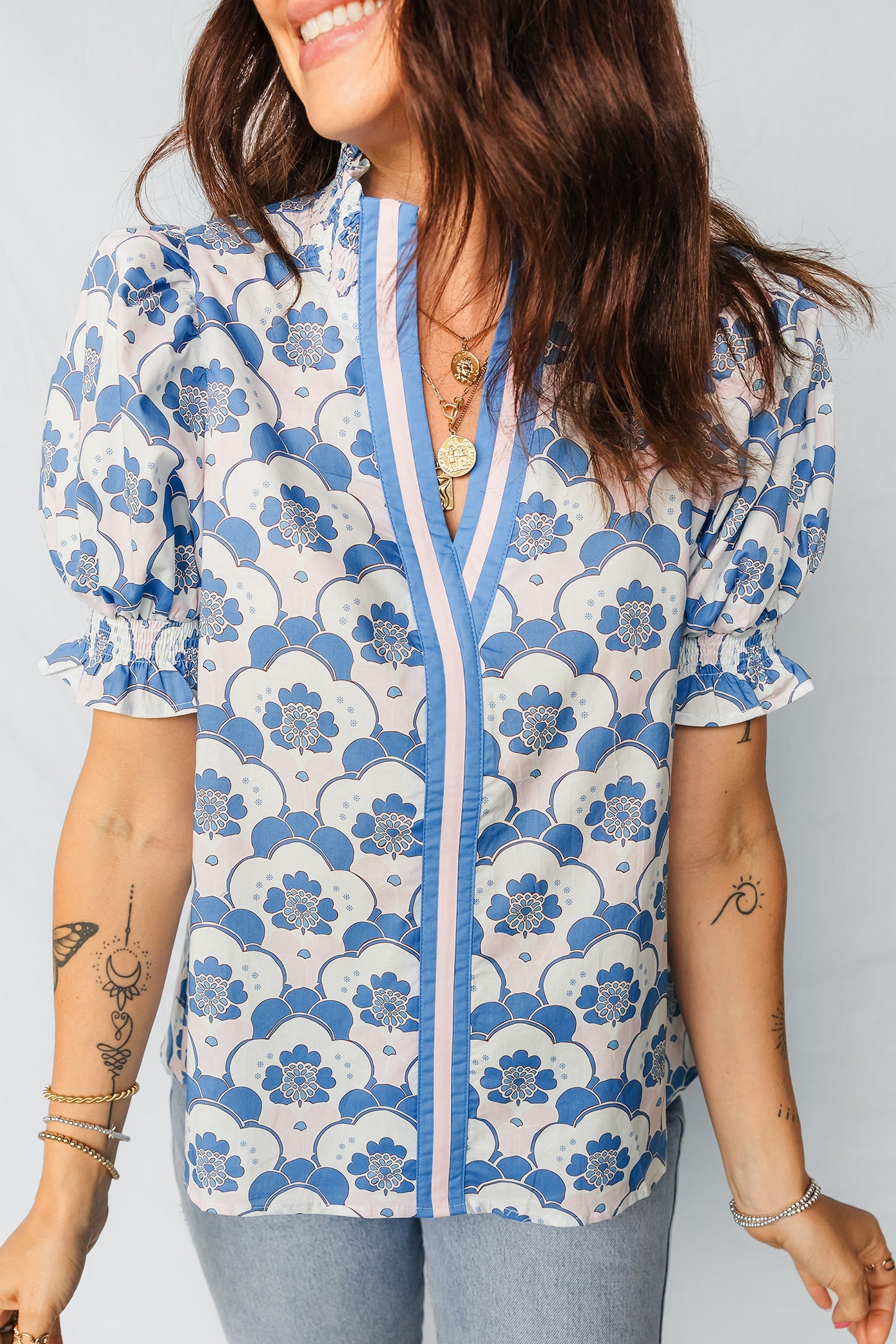 Sky Blue Floral Print Flounced Short Sleeve Contrast Trim V Neck Blouse-Tops/Blouses & Shirts-[Adult]-[Female]-2022 Online Blue Zone Planet