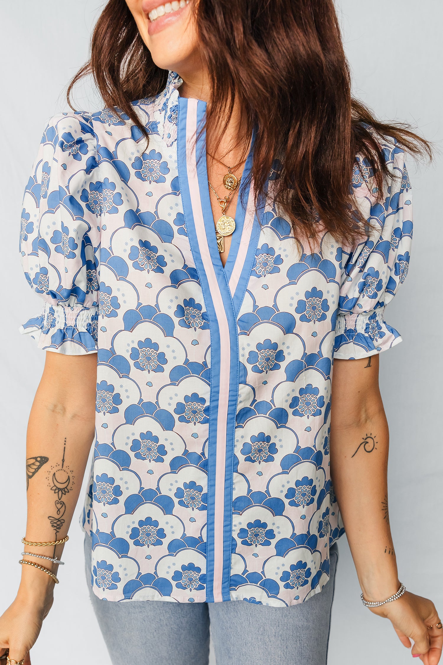 Sky Blue Floral Print Flounced Short Sleeve Contrast Trim V Neck Blouse-Tops/Blouses & Shirts-[Adult]-[Female]-2022 Online Blue Zone Planet
