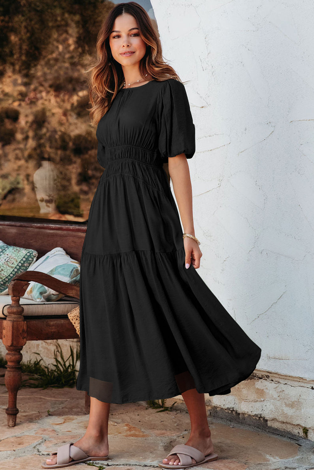 Black Puff Sleeve Pleated High Waist Flowy Long Dress-TOPS / DRESSES-[Adult]-[Female]-2022 Online Blue Zone Planet