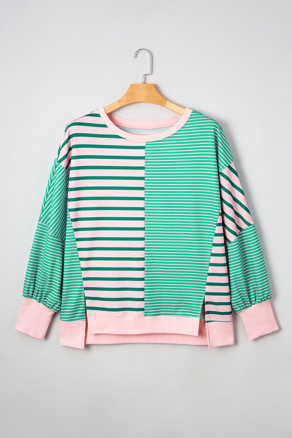 Green Stripe Color Block Exposed Seam Side Slit Plus Size Sweatshirt-Plus Size/Plus Size Sweatshirts & Hoodies-[Adult]-[Female]-2022 Online Blue Zone Planet