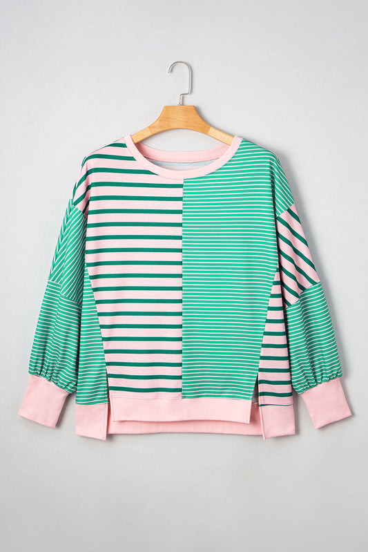 Green Stripe Color Block Exposed Seam Side Slit Plus Size Sweatshirt-Plus Size/Plus Size Sweatshirts & Hoodies-[Adult]-[Female]-2022 Online Blue Zone Planet
