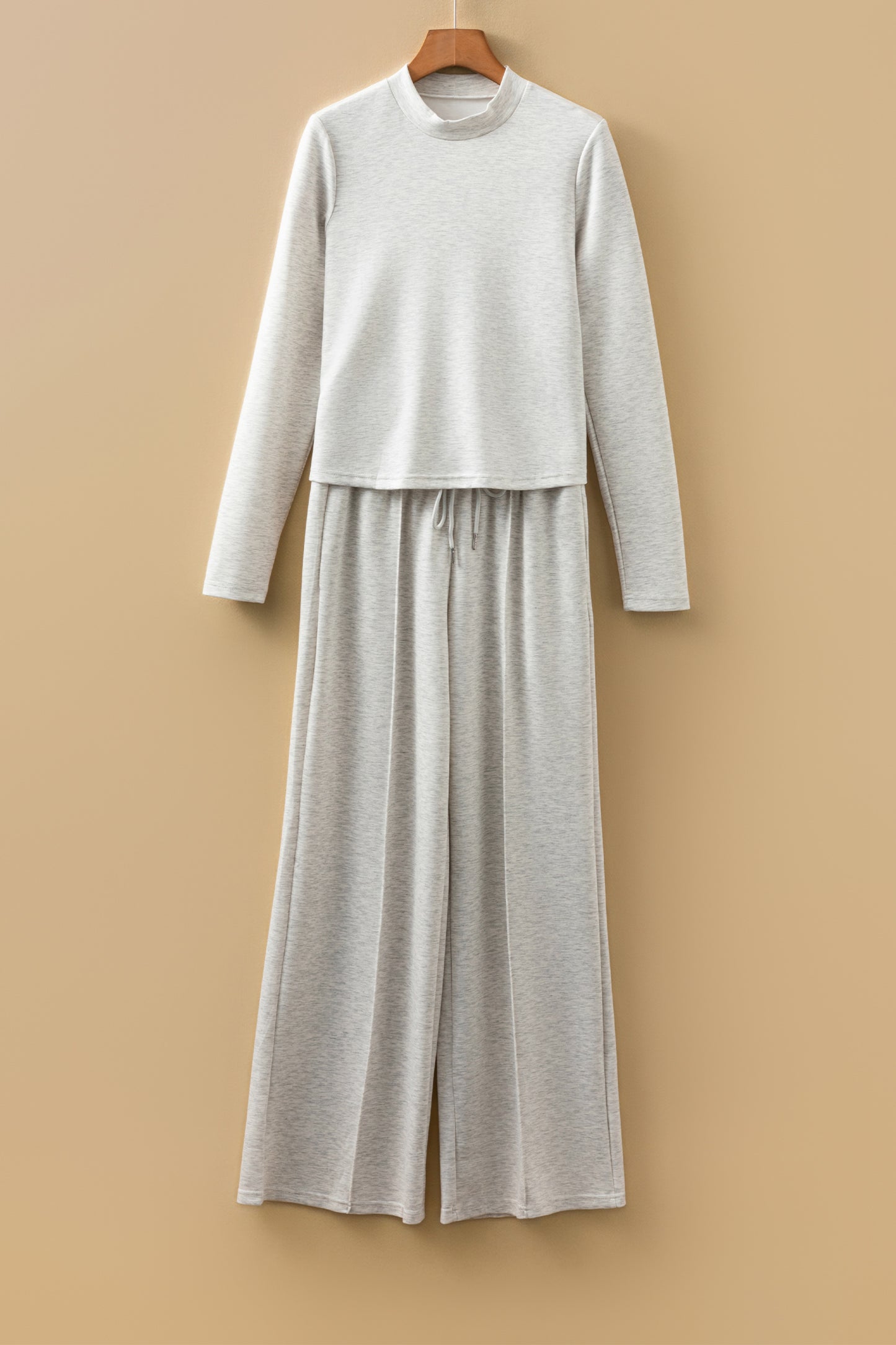 Light Grey Long Sleeve High Neck Slim Top Smocked Waist Central Seam Pants Set-Two Piece Sets/Pant Sets-[Adult]-[Female]-2022 Online Blue Zone Planet