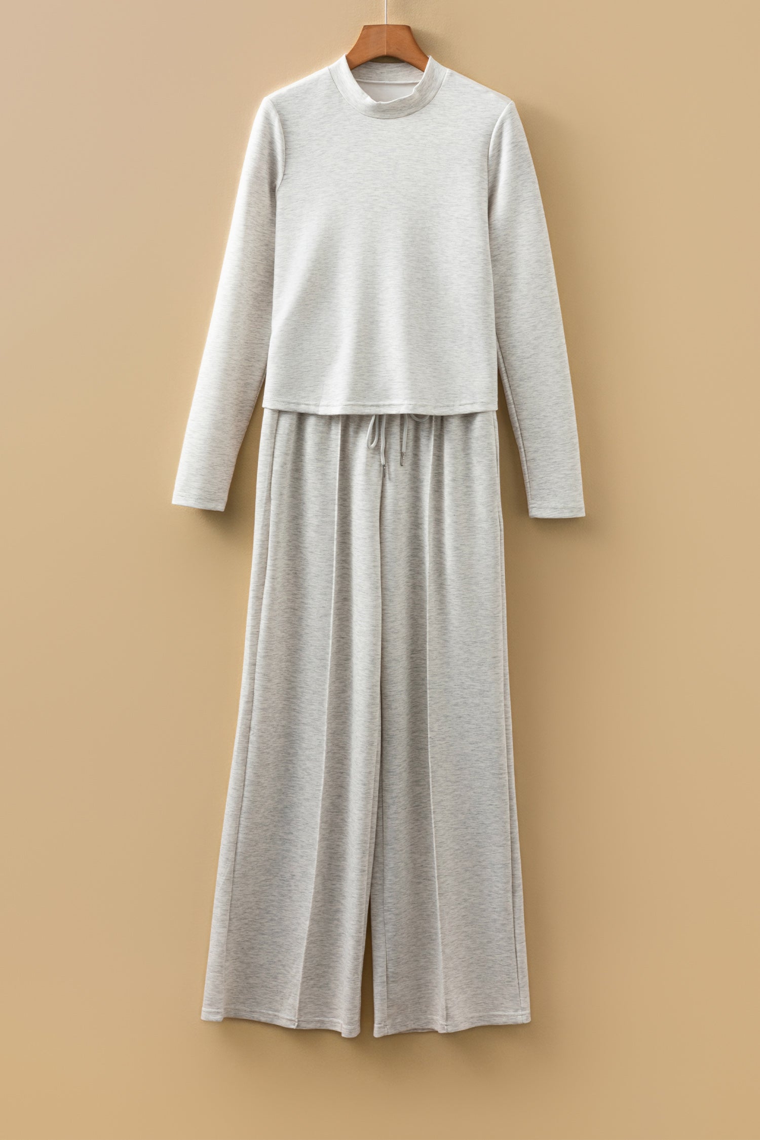 Light Grey Long Sleeve High Neck Slim Top Smocked Waist Central Seam Pants Set-Two Piece Sets/Pant Sets-[Adult]-[Female]-2022 Online Blue Zone Planet