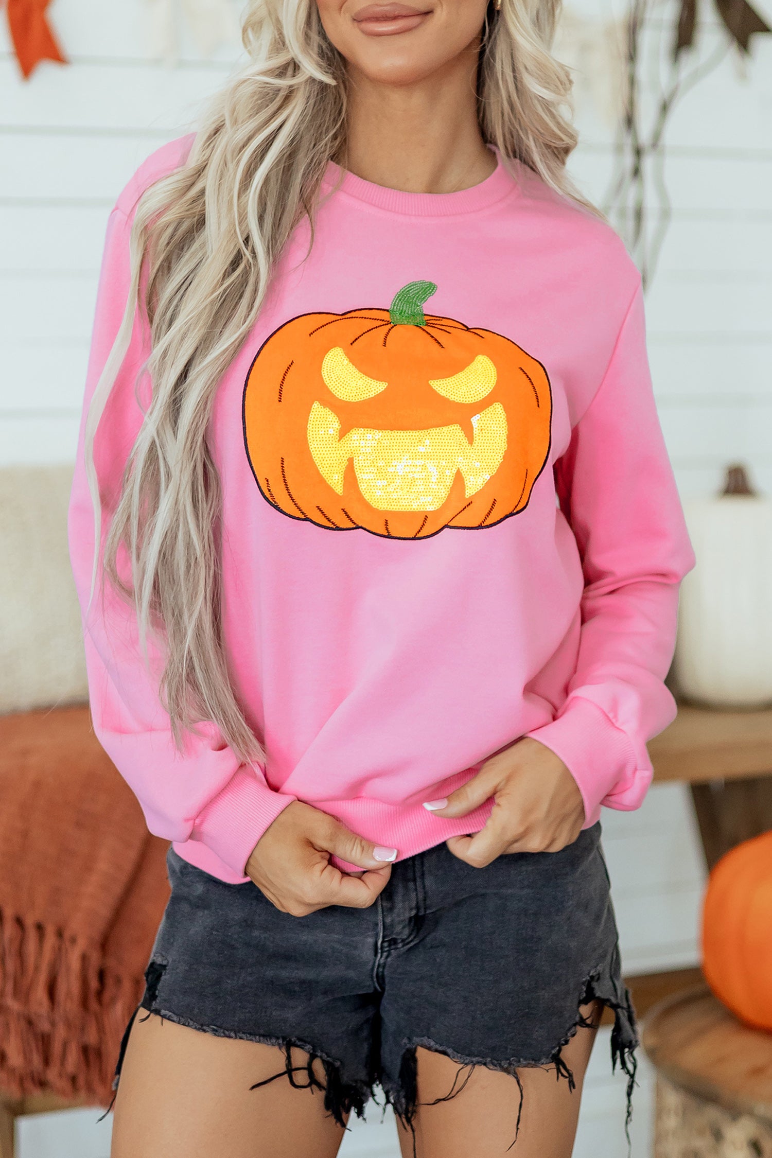 Pink Embroidered Pumpkin Face Long Sleeve Round Neck Sweatshirt-Tops/Sweatshirts & Hoodies-[Adult]-[Female]-2022 Online Blue Zone Planet