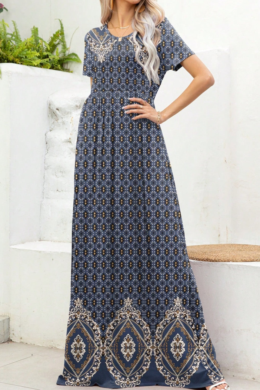 Printed Round Neck Short Sleeve Maxi Dress-TOPS / DRESSES-[Adult]-[Female]-French Blue-S-2022 Online Blue Zone Planet