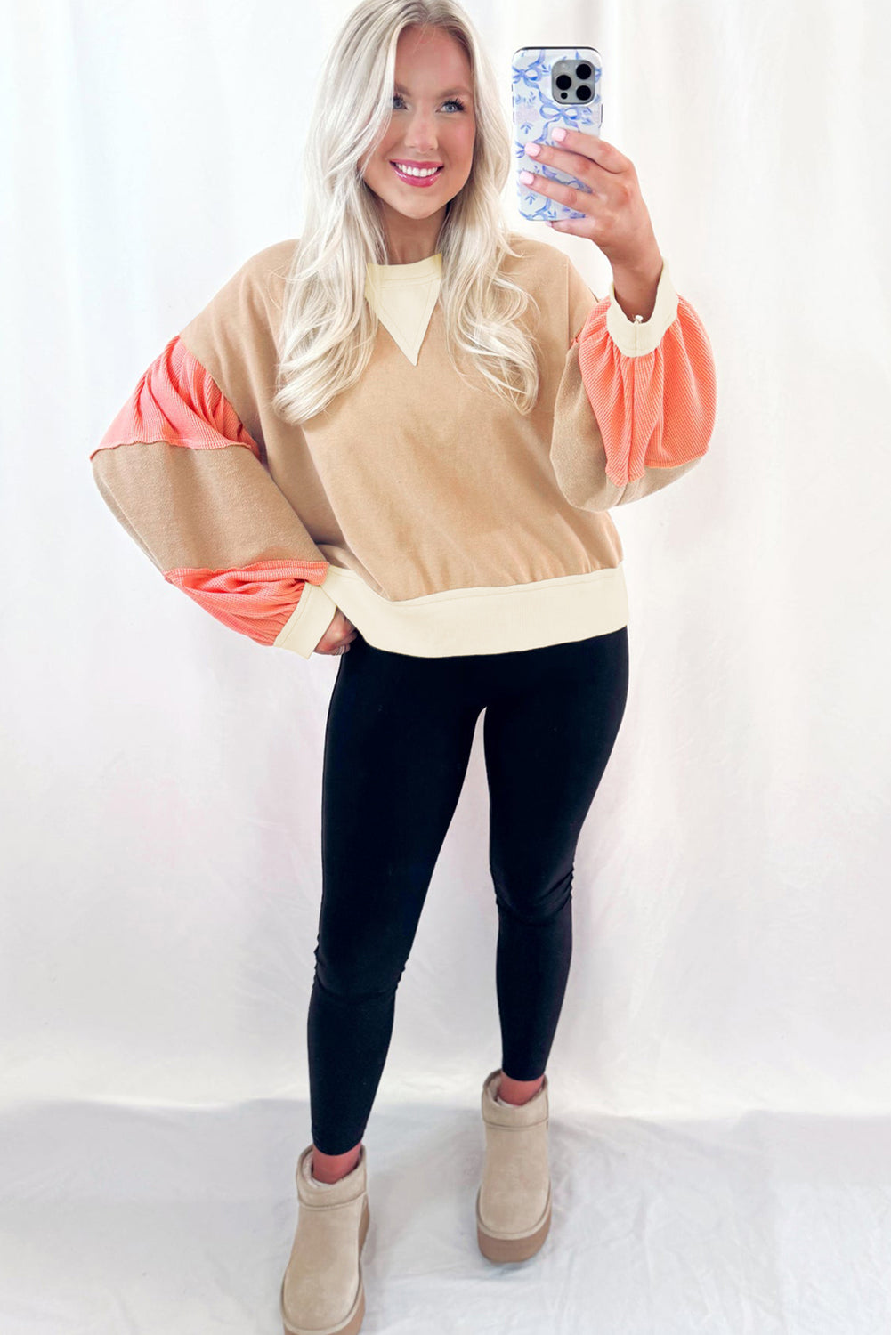 Light French Beige Color Block Textured Patchwork Pullover Sweatshirt-Tops/Sweatshirts & Hoodies-[Adult]-[Female]-2022 Online Blue Zone Planet