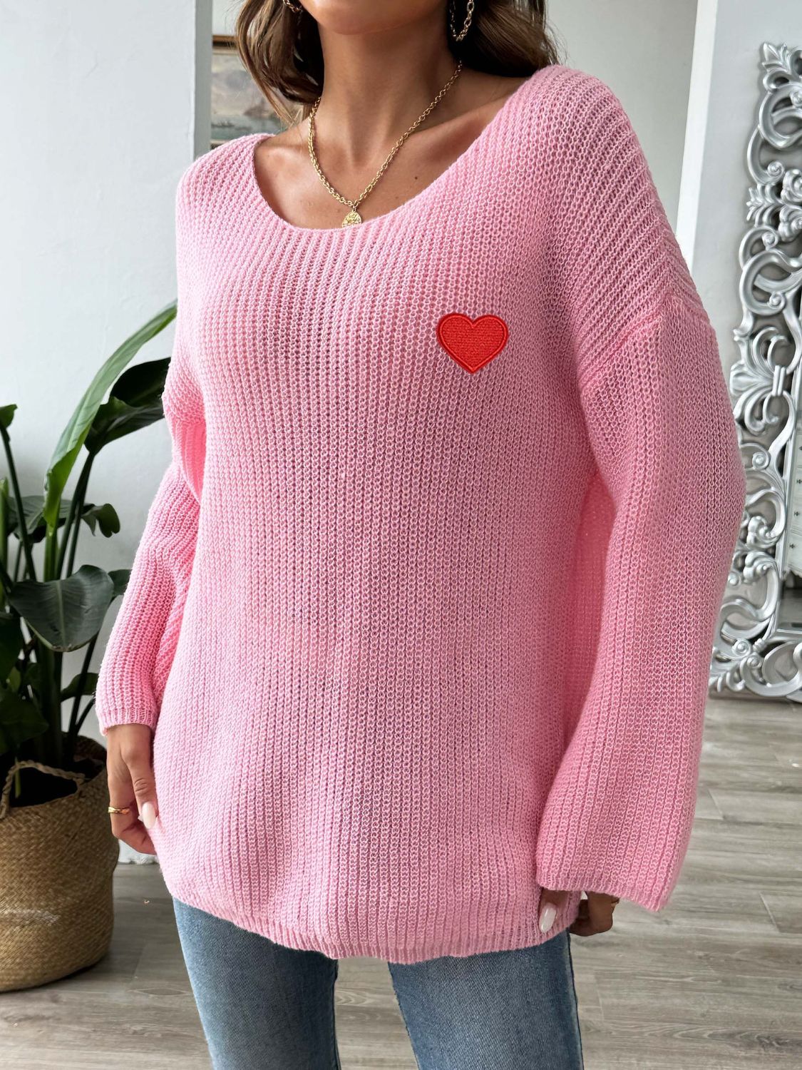 Heart Boat Neck Dropped Shoulder Sweater-TOPS / DRESSES-[Adult]-[Female]-2022 Online Blue Zone Planet