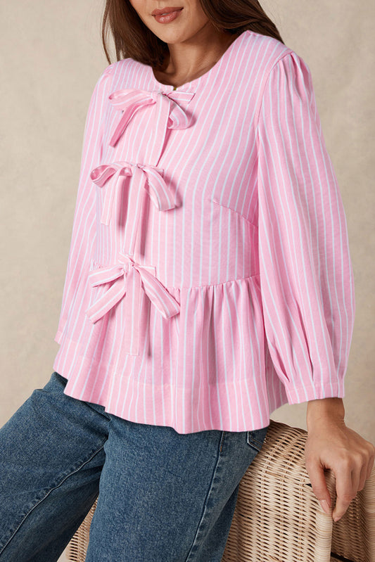 Pink Stripe Bowknot Front Crew Neck Puff Sleeve Blouse-Tops/Blouses & Shirts-[Adult]-[Female]-Pink Stripe-S-2022 Online Blue Zone Planet