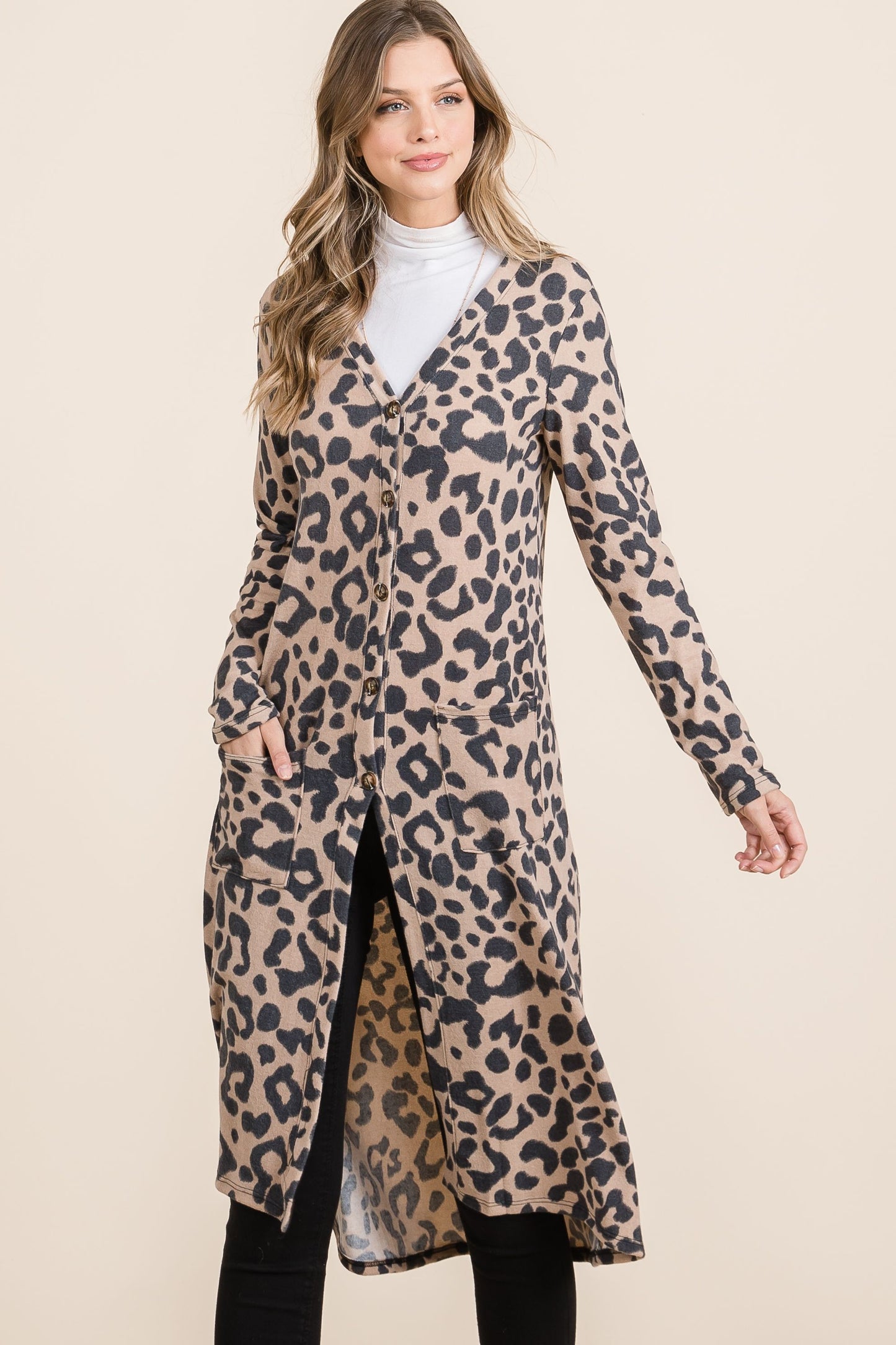 Celeste Full Size Leopard V-Neck Long Sleeve Cardigan-TOPS / DRESSES-[Adult]-[Female]-2022 Online Blue Zone Planet