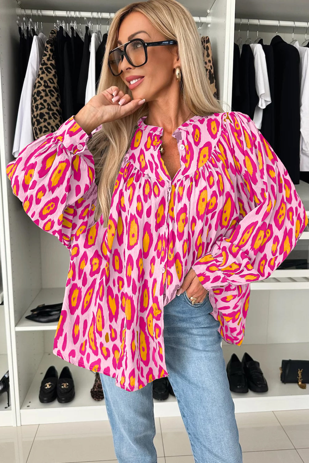 Rose Red Oversized Leopard Print Balloon Sleeve Casual Shirt-Tops/Blouses & Shirts-[Adult]-[Female]-2022 Online Blue Zone Planet