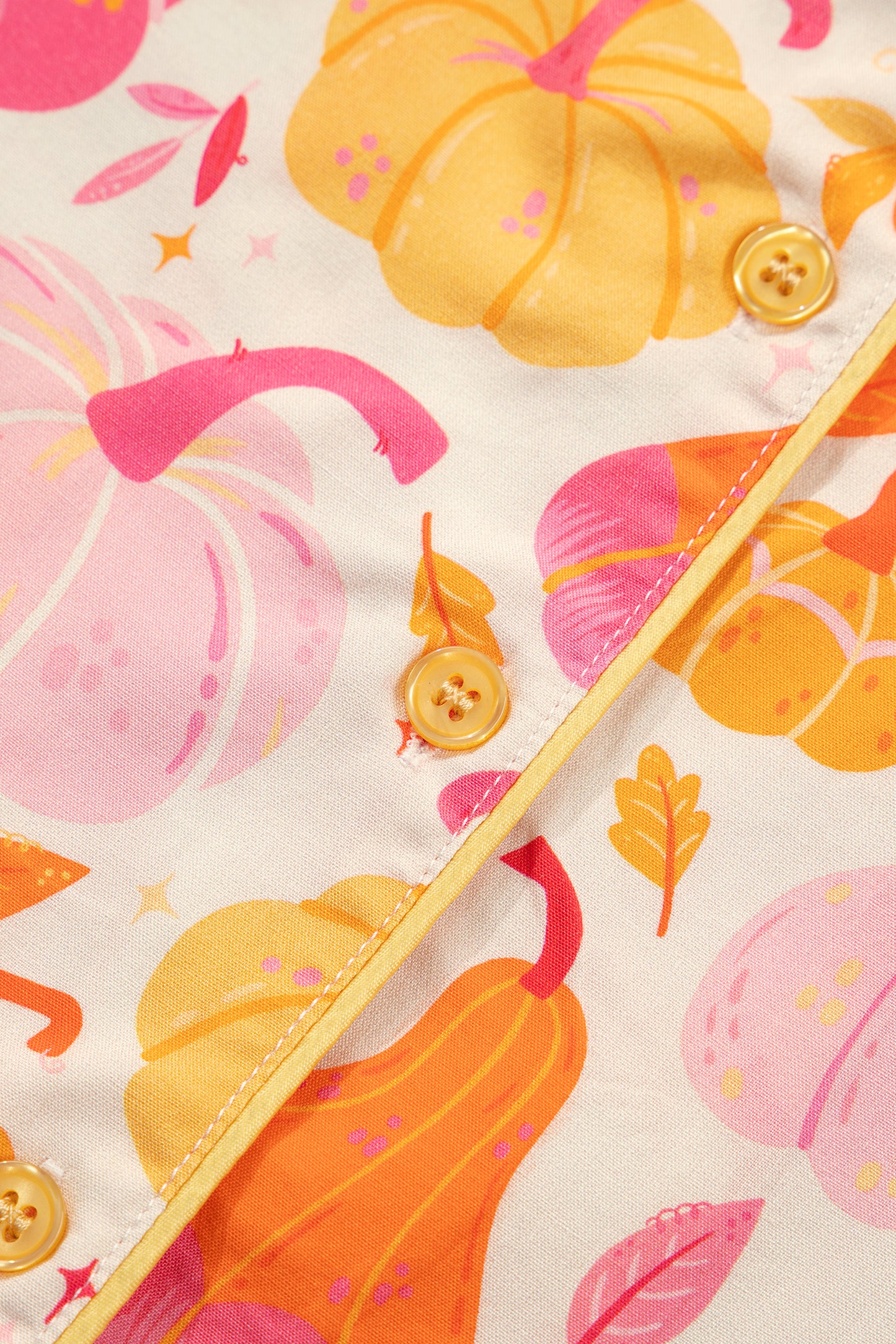 Pink Short Sleeve Pumpkin Print Pocket Placket Shell Button Lounge Set-Loungewear & Sleepwear/Loungewear-[Adult]-[Female]-2022 Online Blue Zone Planet