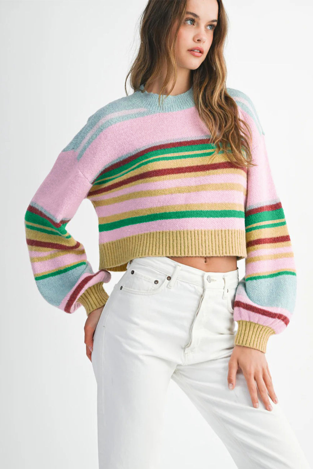 Multicolour Striped Knit Ribbed Trim Boxy Fit Cropped Sweater-Sweaters & Cardigans/Sweaters-[Adult]-[Female]-2022 Online Blue Zone Planet