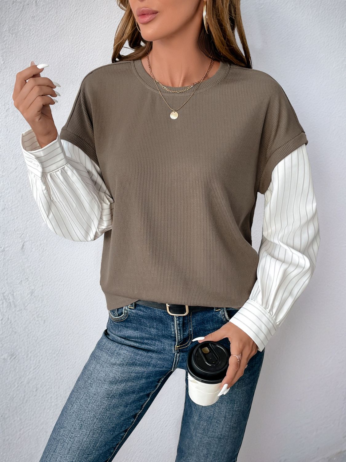 Perfee Round Neck Striped Sleeve Sweatshirt-TOPS / DRESSES-[Adult]-[Female]-2022 Online Blue Zone Planet