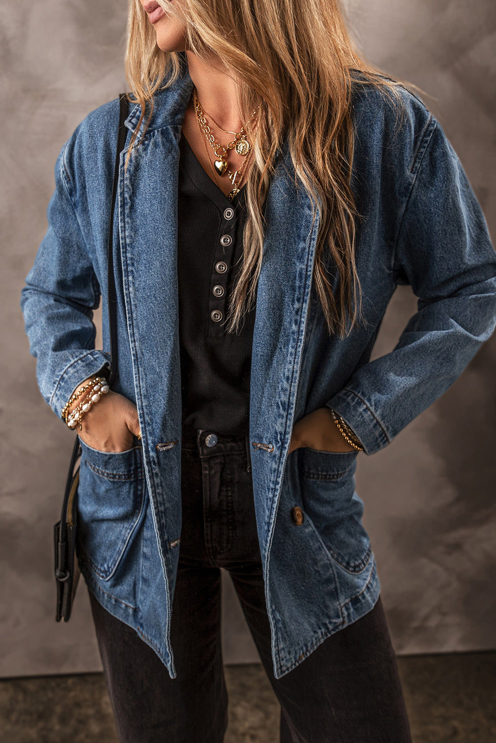 Black Side Pockets Lapel Collar Denim Jacket-Outerwear/Denim jackets-[Adult]-[Female]-Sail Blue-S-2022 Online Blue Zone Planet