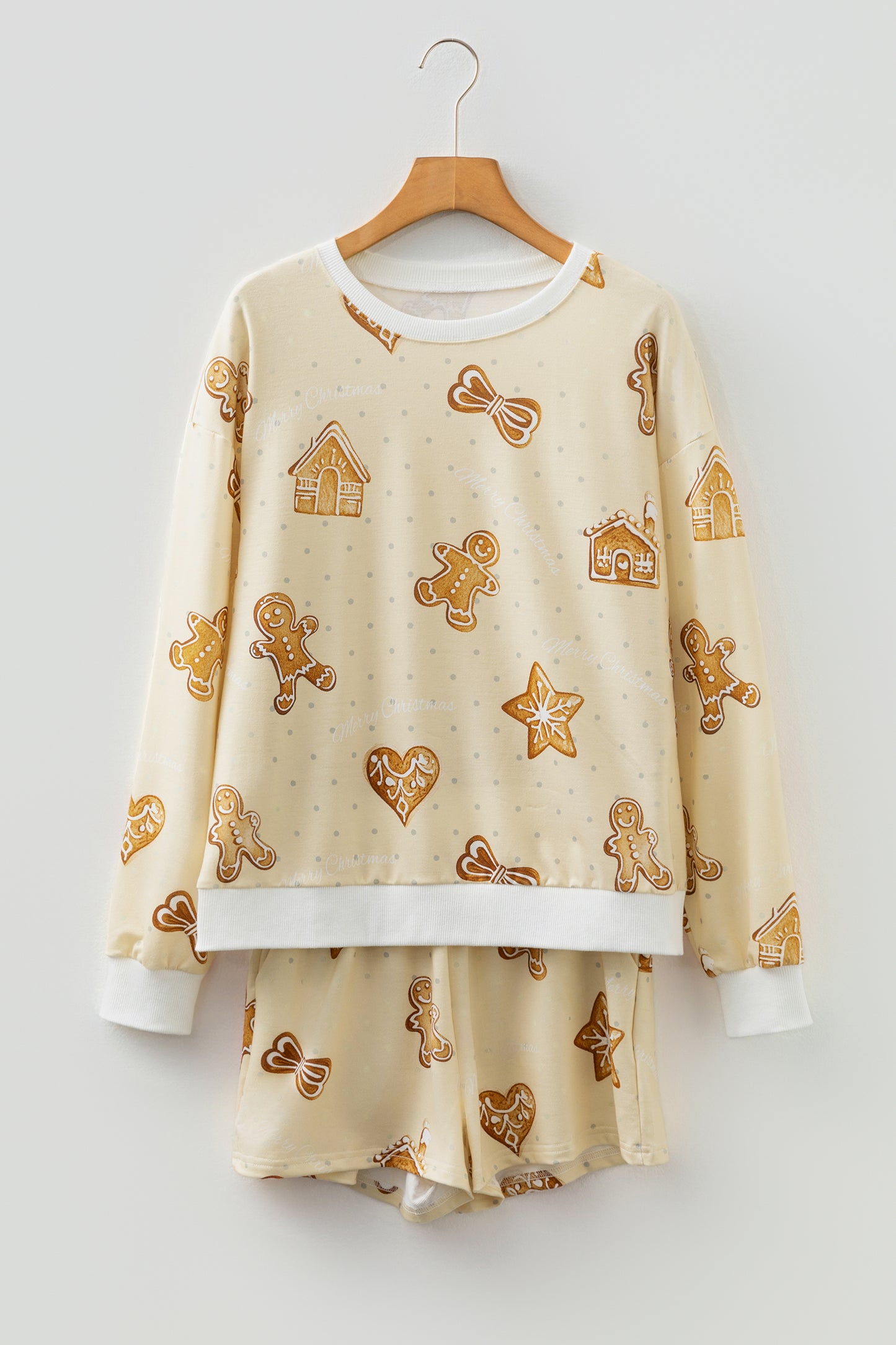 Beige Gingerbread Man Christmas Print Long Sleeve Pullover Lounge Short Set-Loungewear & Sleepwear/Loungewear-[Adult]-[Female]-2022 Online Blue Zone Planet