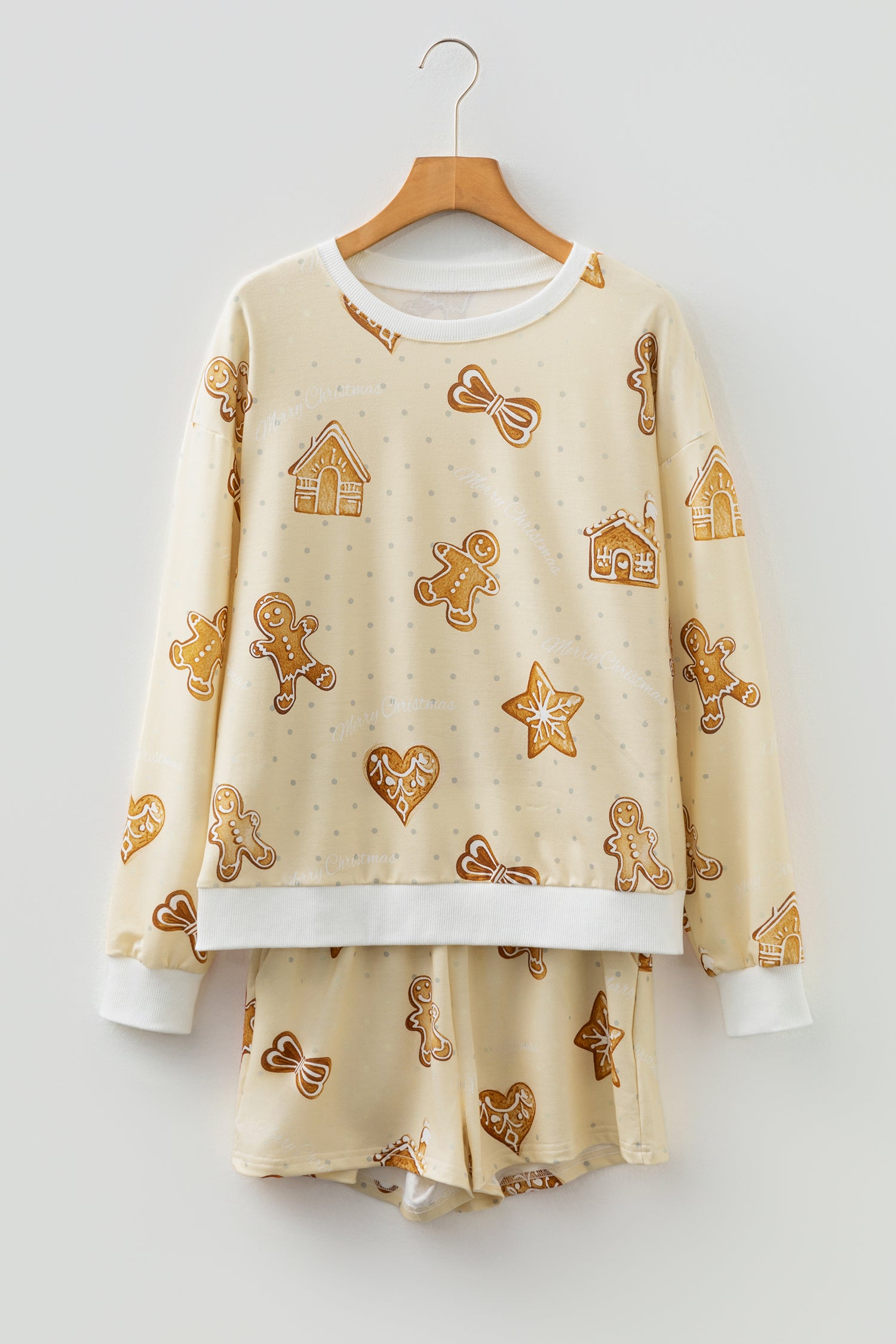Beige Gingerbread Man Christmas Print Long Sleeve Pullover Lounge Short Set-Loungewear & Sleepwear/Loungewear-[Adult]-[Female]-2022 Online Blue Zone Planet