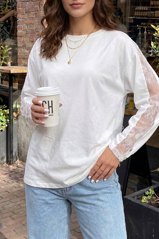 White Sheer Lace Splicing Long Sleeve Shift Top-Tops/Long Sleeve Tops-[Adult]-[Female]-White-S-2022 Online Blue Zone Planet