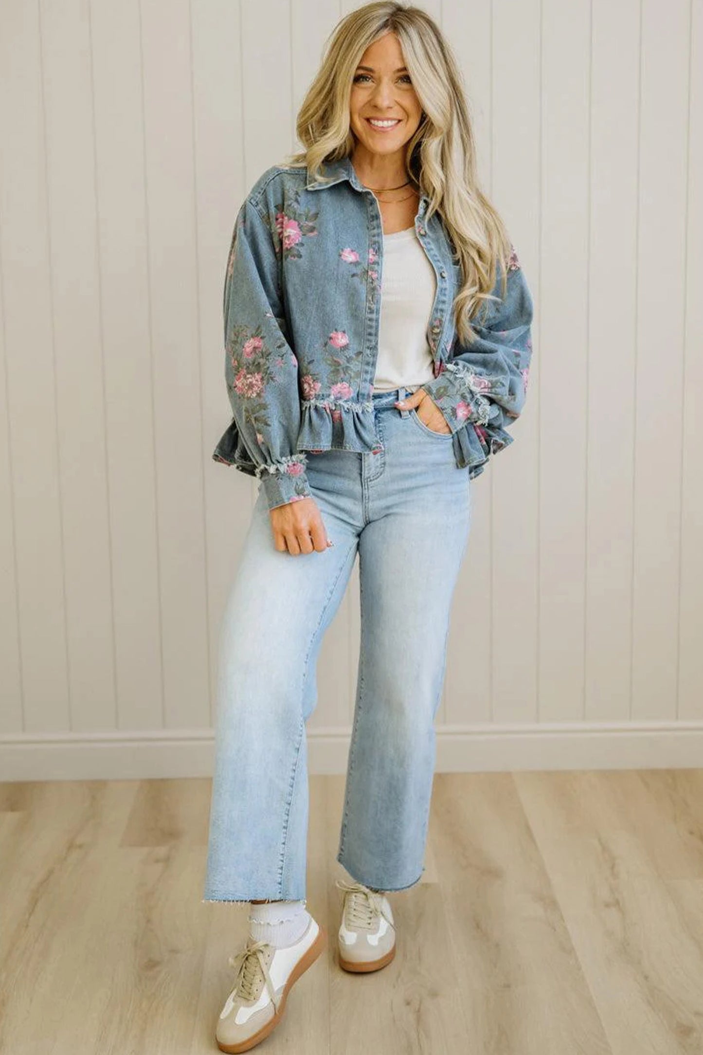 Sky Blue Floral Print Raw Seam Ruffle Hem Denim Jacket-Outerwear/Denim jackets-[Adult]-[Female]-2022 Online Blue Zone Planet