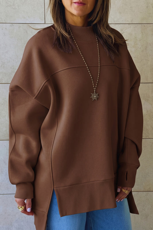 Coffee Solid Color Oversized Mock Neck Split Hem Tunic Sweatshirt-Tops/Sweatshirts & Hoodies-[Adult]-[Female]-Coffee-S-2022 Online Blue Zone Planet