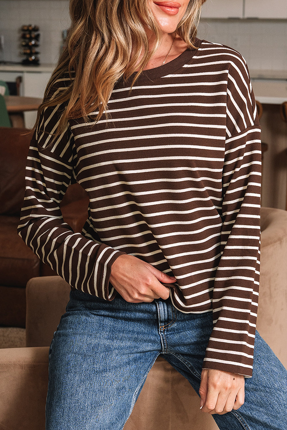 Brown Stripe Ribbed Cropped Crew Neck Long Sleeve T Shirt-Tops/Long Sleeve Tops-[Adult]-[Female]-2022 Online Blue Zone Planet