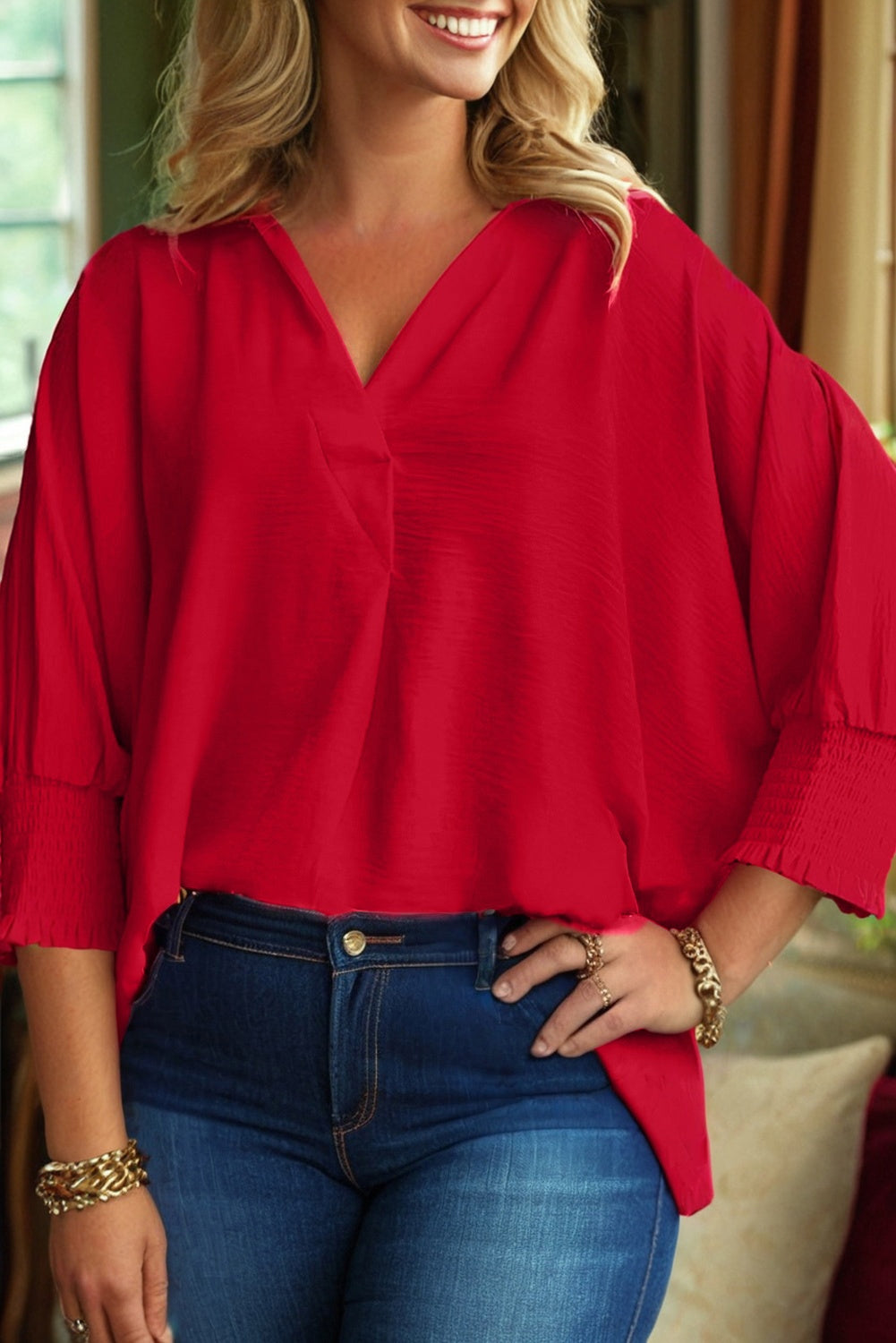 Fiery Red Plus Size Smocked Cuff Dolman Oversized Tunic Blouse-Plus Size/Plus Size Tops/Plus Size Blouses & Shirts-[Adult]-[Female]-2022 Online Blue Zone Planet