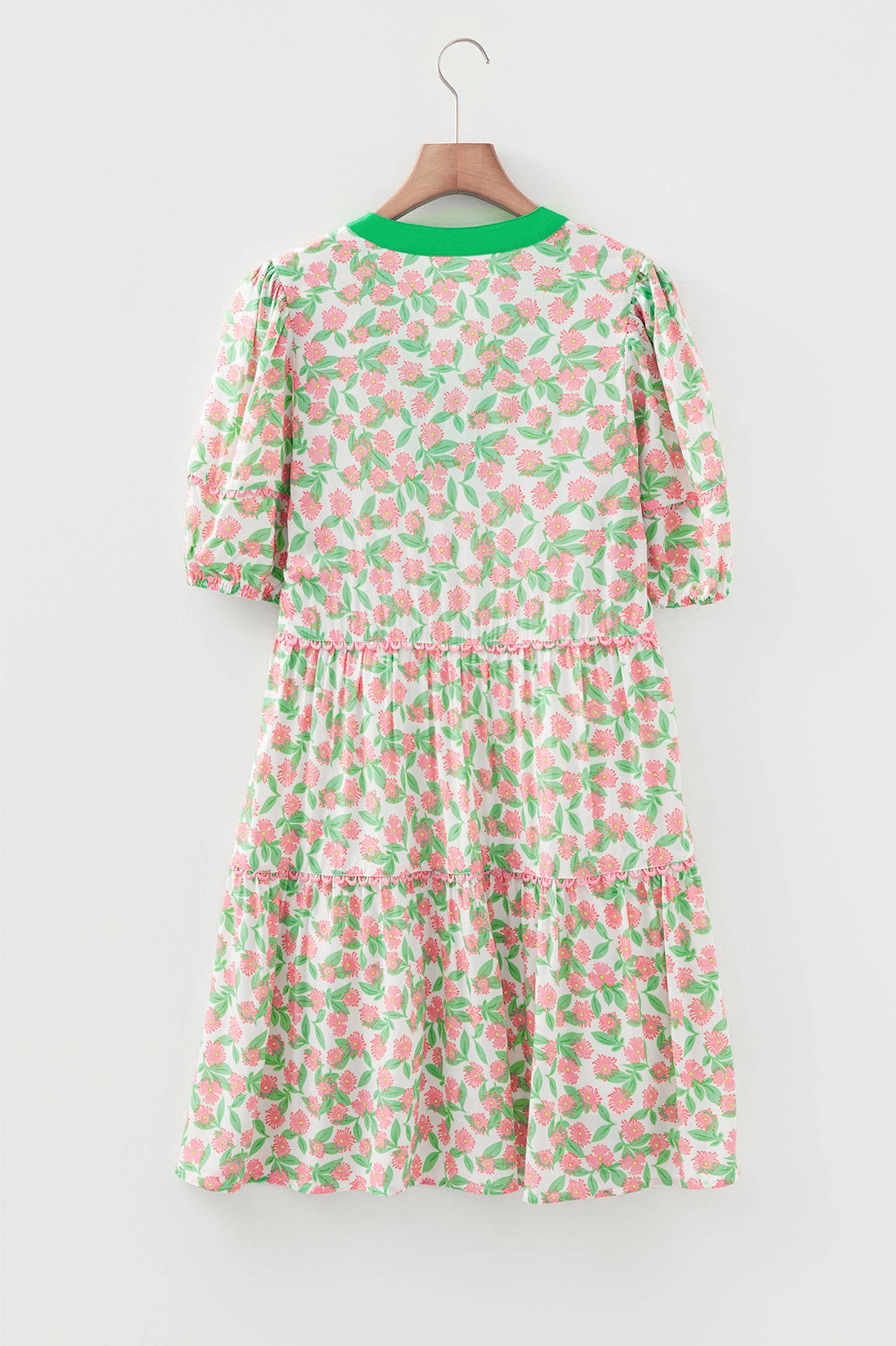 Green Contrast Neckline Ricrac Trim Floral Short Puff Sleeve Dress-TOPS / DRESSES-[Adult]-[Female]-2022 Online Blue Zone Planet