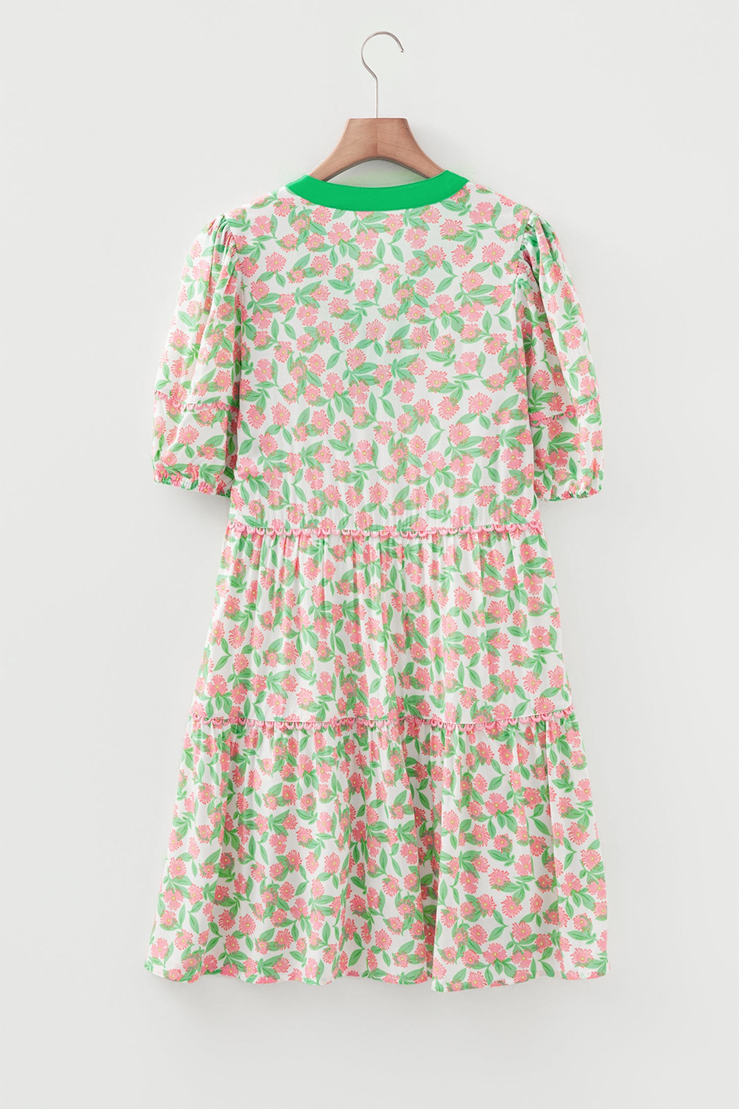 Green Contrast Neckline Ricrac Trim Floral Short Puff Sleeve Dress-TOPS / DRESSES-[Adult]-[Female]-2022 Online Blue Zone Planet